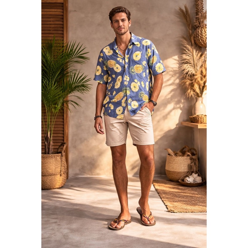HILO HATTIE Hawaii 100% Silk Aloha Shirt Pineapple Print Blue Men' MEDIUM Fruits